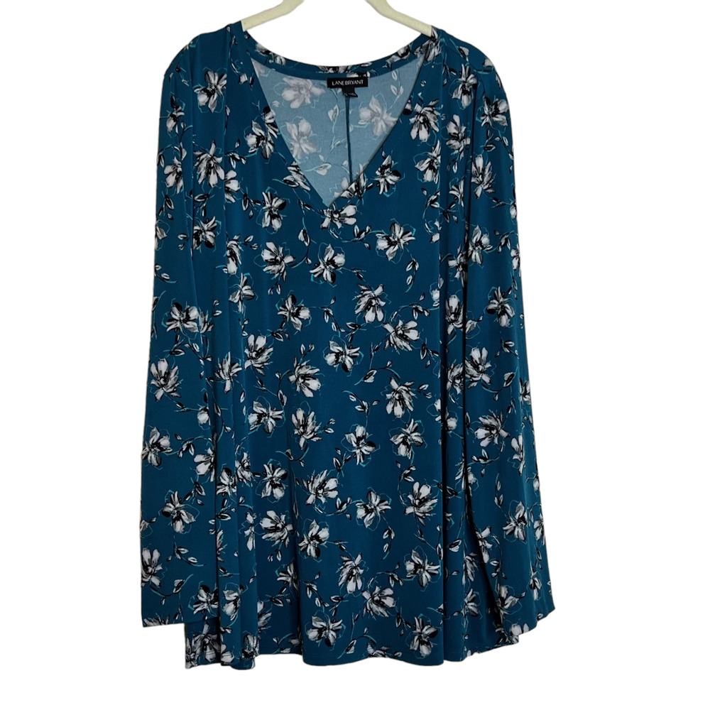 Lane Bryant Womens Slinky Knit Top Size 18/20 Dark Teal Floral Long Sleeve VNeck